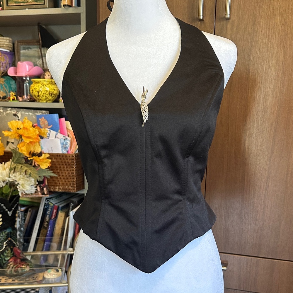 JR Notes Chic Black Satin Halter with vintage Brooch